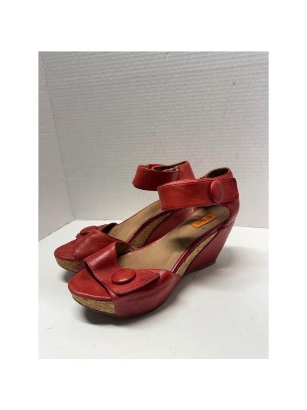 Miz Mooz Yael Red Leather Button Ankle Strap Wedge Sandals Size 9